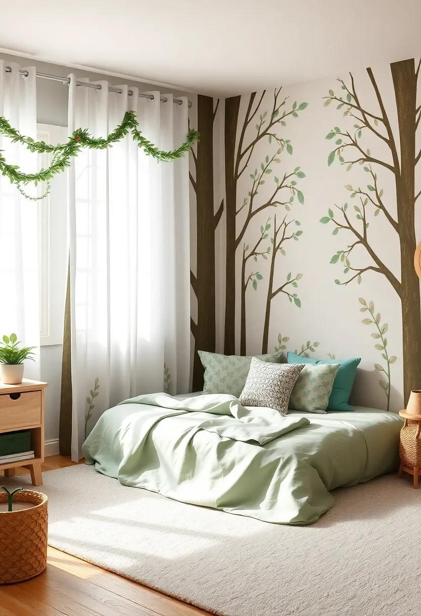 Whimsical Forest Retreat: Transform the‍ room⁤ into an enchanted woodland with tree decals, leafy garlands,⁢ and muted green and ⁤brown hues