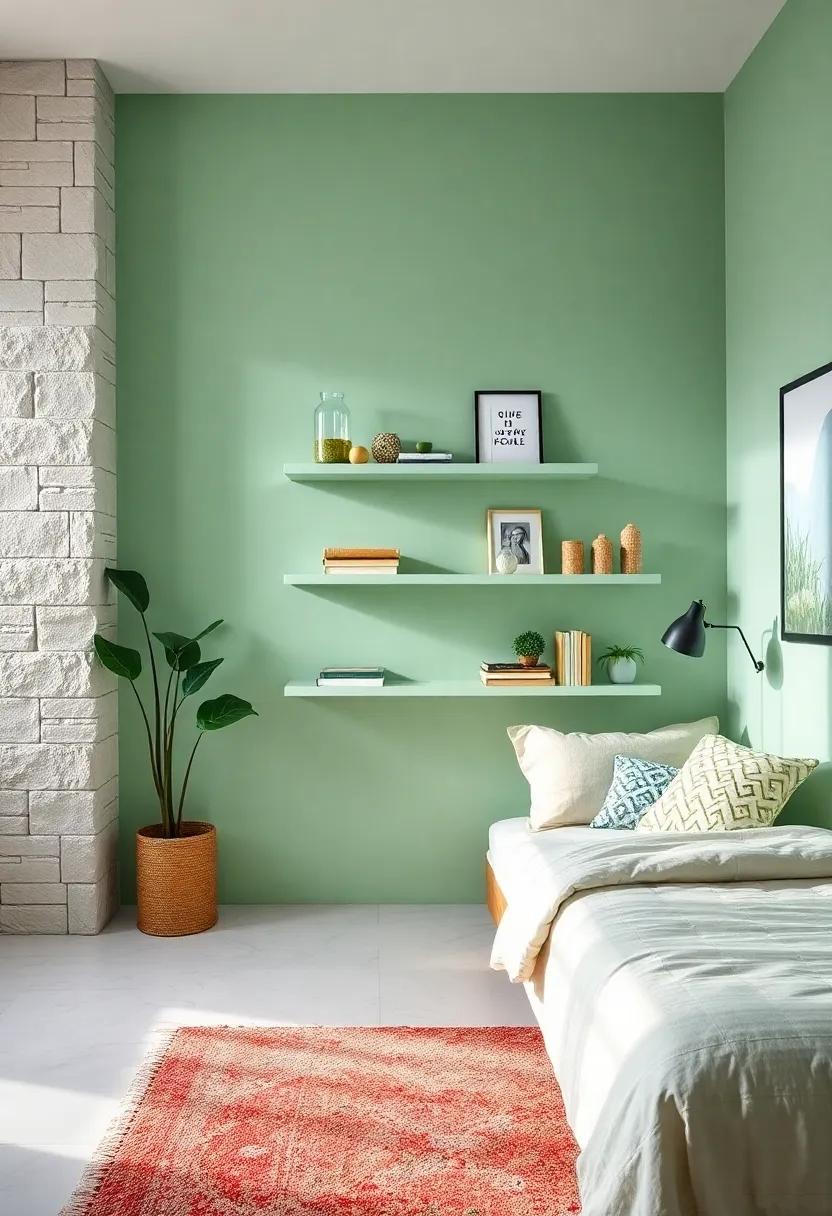 Floating Light Green Shelves: Utilize floating shelves painted in light green for displaying⁤ cherished items, ⁢allowing wall space to breathe while adding style