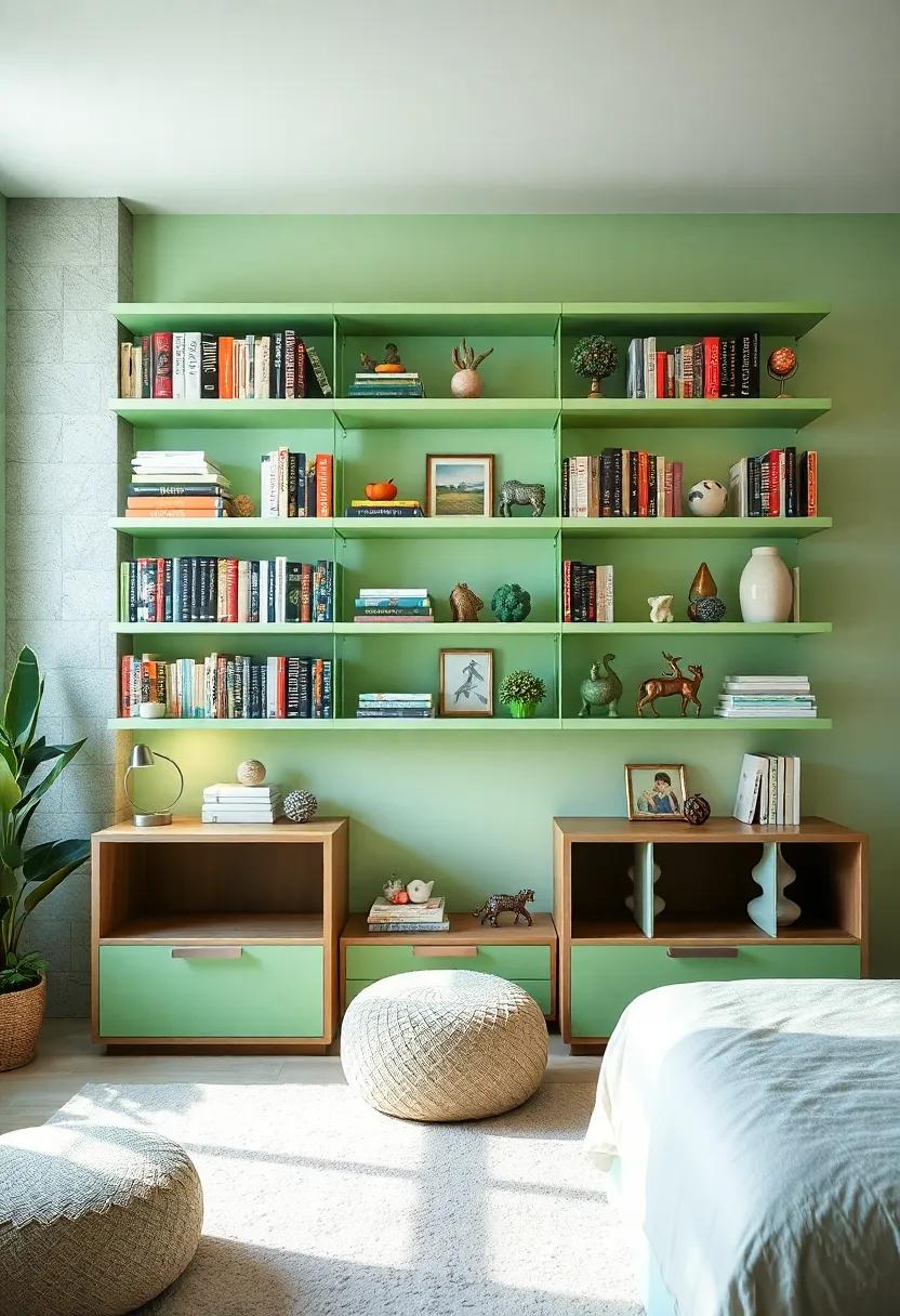 Creative wall Shelves: install⁣ light green shelves filled with books and decor to maximize space while adding a fun ⁣color accent to the walls