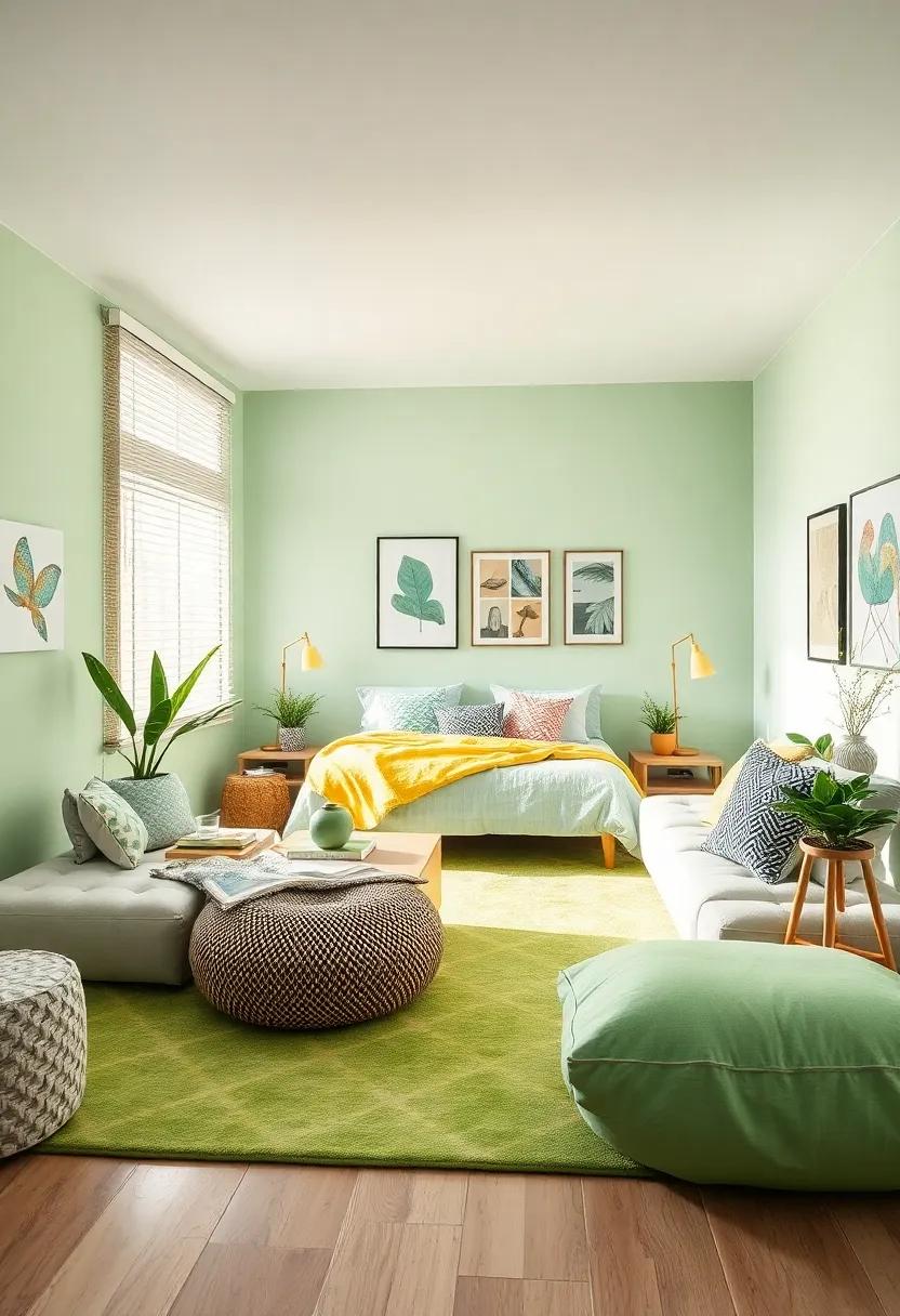 Trendy Area Rugs: Layer a soft‍ area rug in light green⁢ to add texture and warmth, ⁣making it a​ perfect spot for reading or hanging out with friends