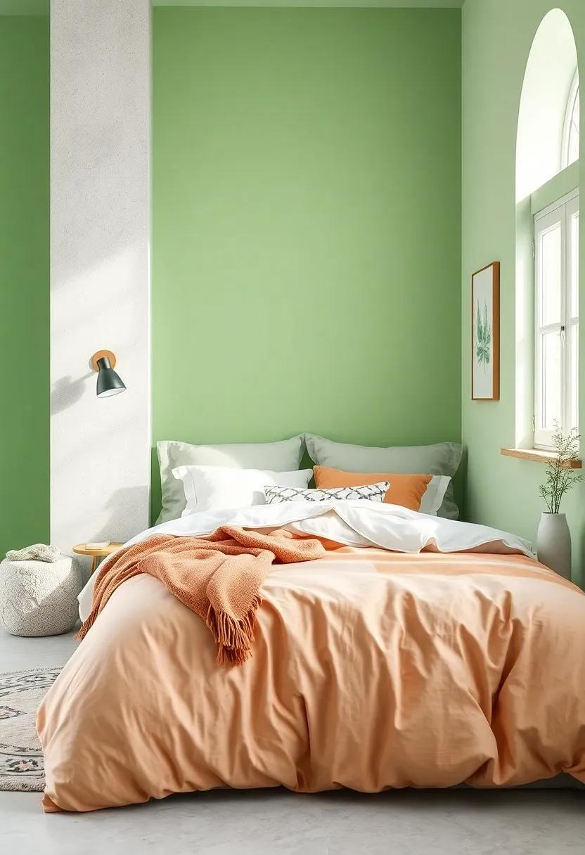 Cozy Bedding: Choose bedding sets ​that blend light green with other complementary colors like white or peach for a cozy and inviting bed space