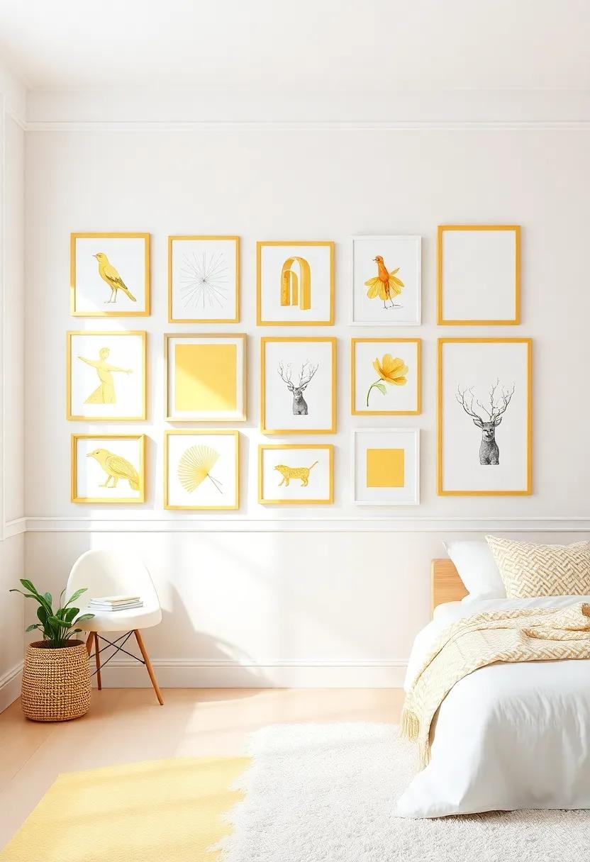 Yellow⁤ and White Gallery Wall: Curate ​a gallery of framed art or photos ‌using yellow‌ and white frames to personalize the space