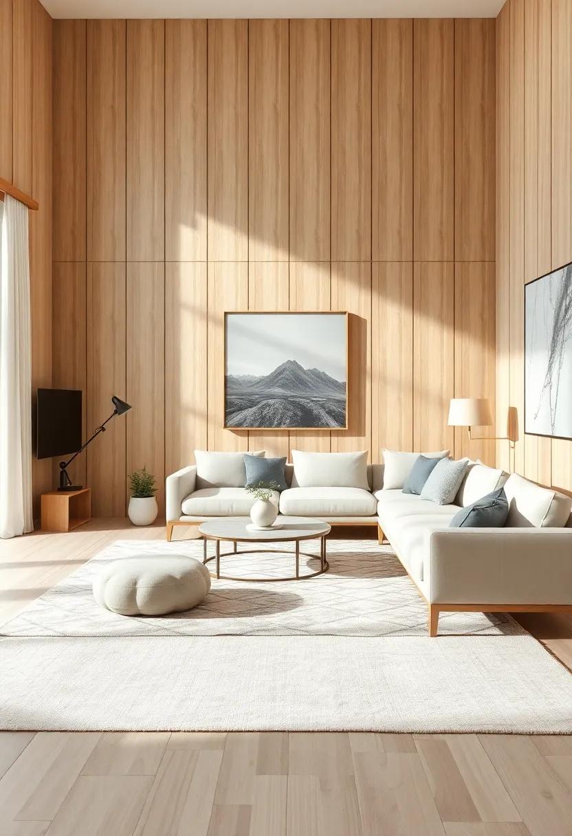 Statement Area Rugs: Place a statement area rug that complements the paneling to define spaces within the living room