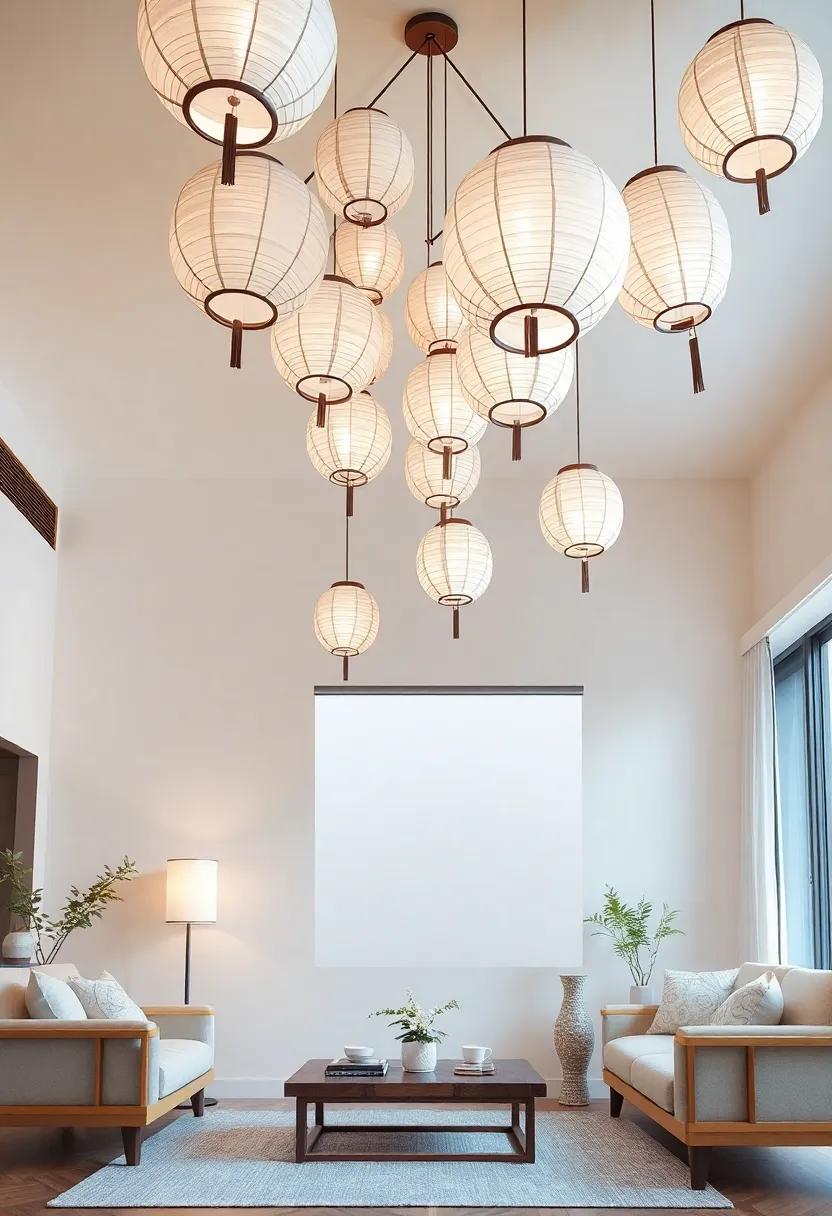 Ceiling Canopy: Suspend a cluster of lanterns from the ceiling for a magical overhead display reminiscent of sky ​lanterns