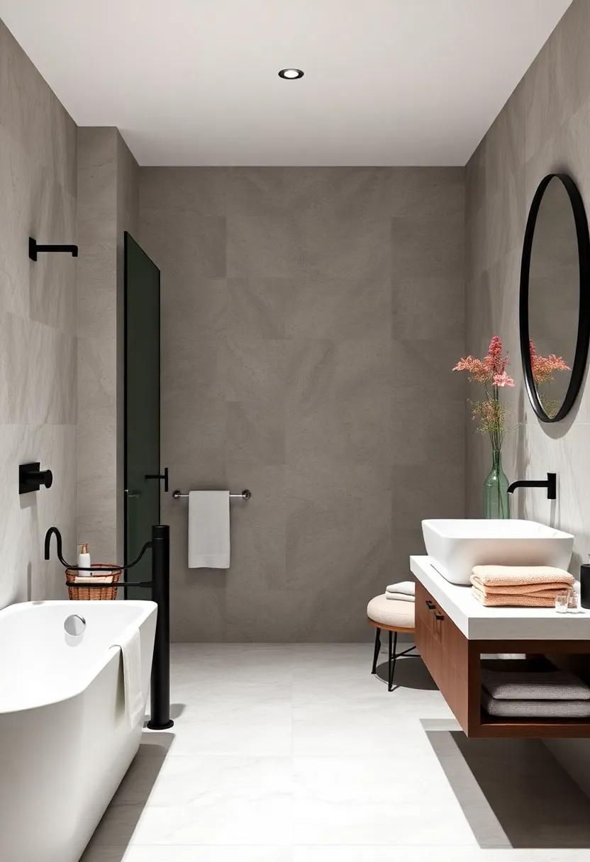 Layered Linens: Elevate your bathroom ‌with soft, layered towels in complementary colors ‍that showcase the black fixtures