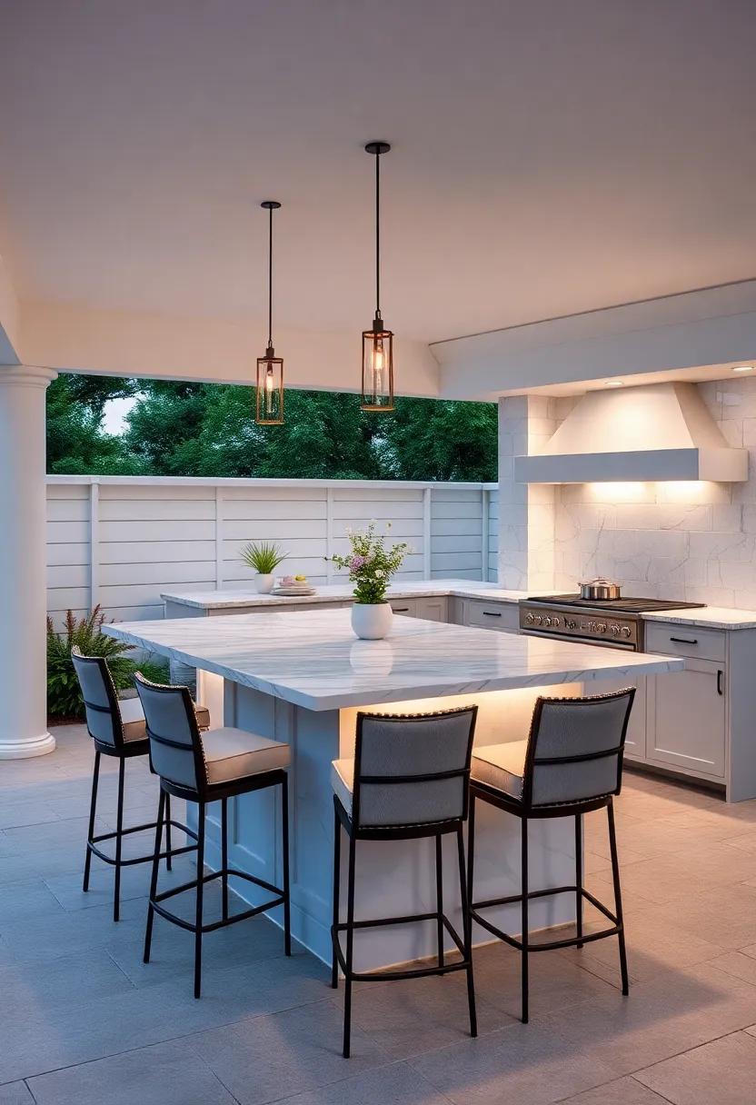 Elegant Entertaining: Design a ⁢sophisticated outdoor kitchen with a marble ‌bar top, ⁤cushioned stools,​ and soft ambient ​lighting for ⁤evening gatherings