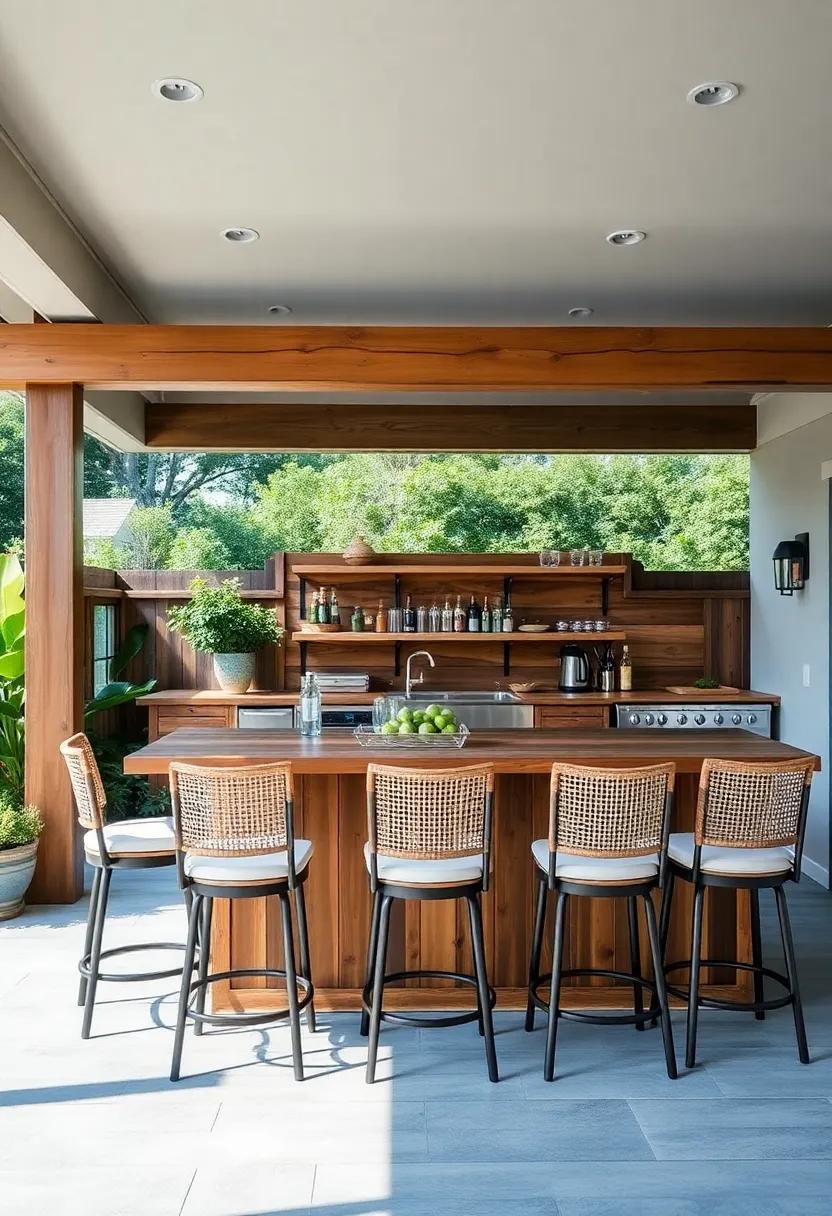 Farmhouse Style: Incorporate a large, reclaimed wood⁢ bar ​with high-back stools, ‌surrounded⁤ by lush‍ greenery to enhance the rustic appeal