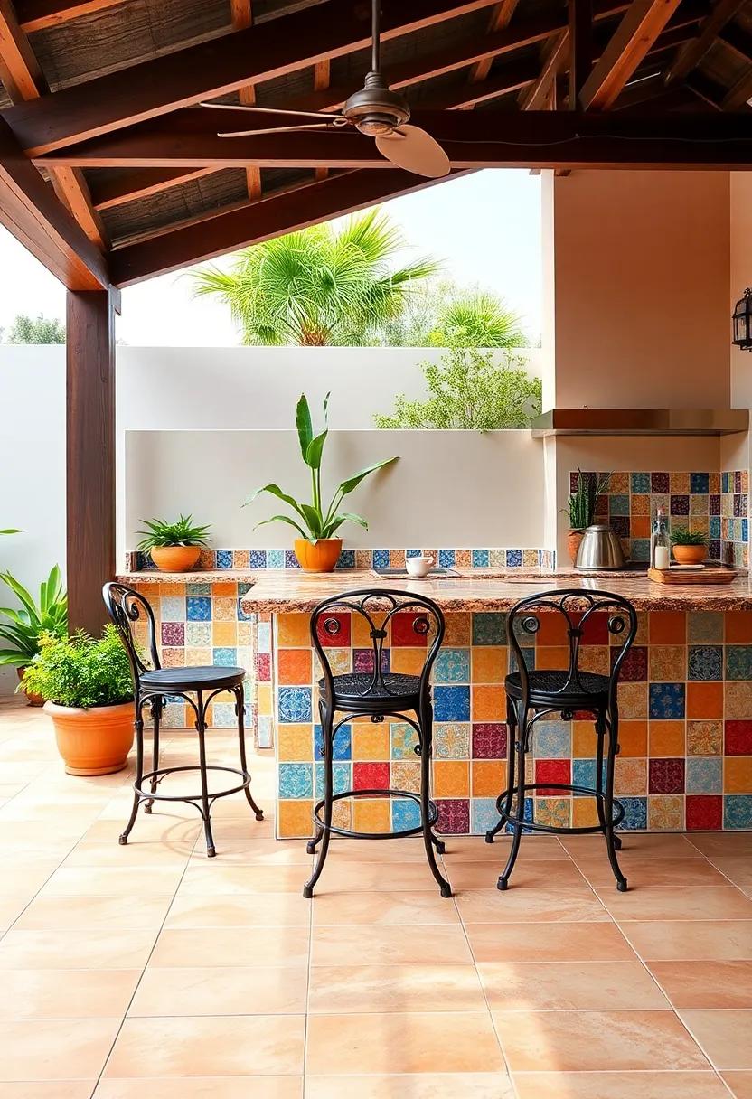 Mediterranean escape: Create a vibrant outdoor kitchen with ‌colorful tiles, a built-in bar area,‌ and‍ wrought-iron ‍stools reminiscent of a seaside café