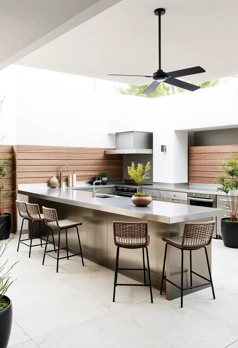 Modern Minimalism: Opt for sleek stainless steel​ countertops and clean lines, complemented by low-profile bar seating for a contemporary vibe