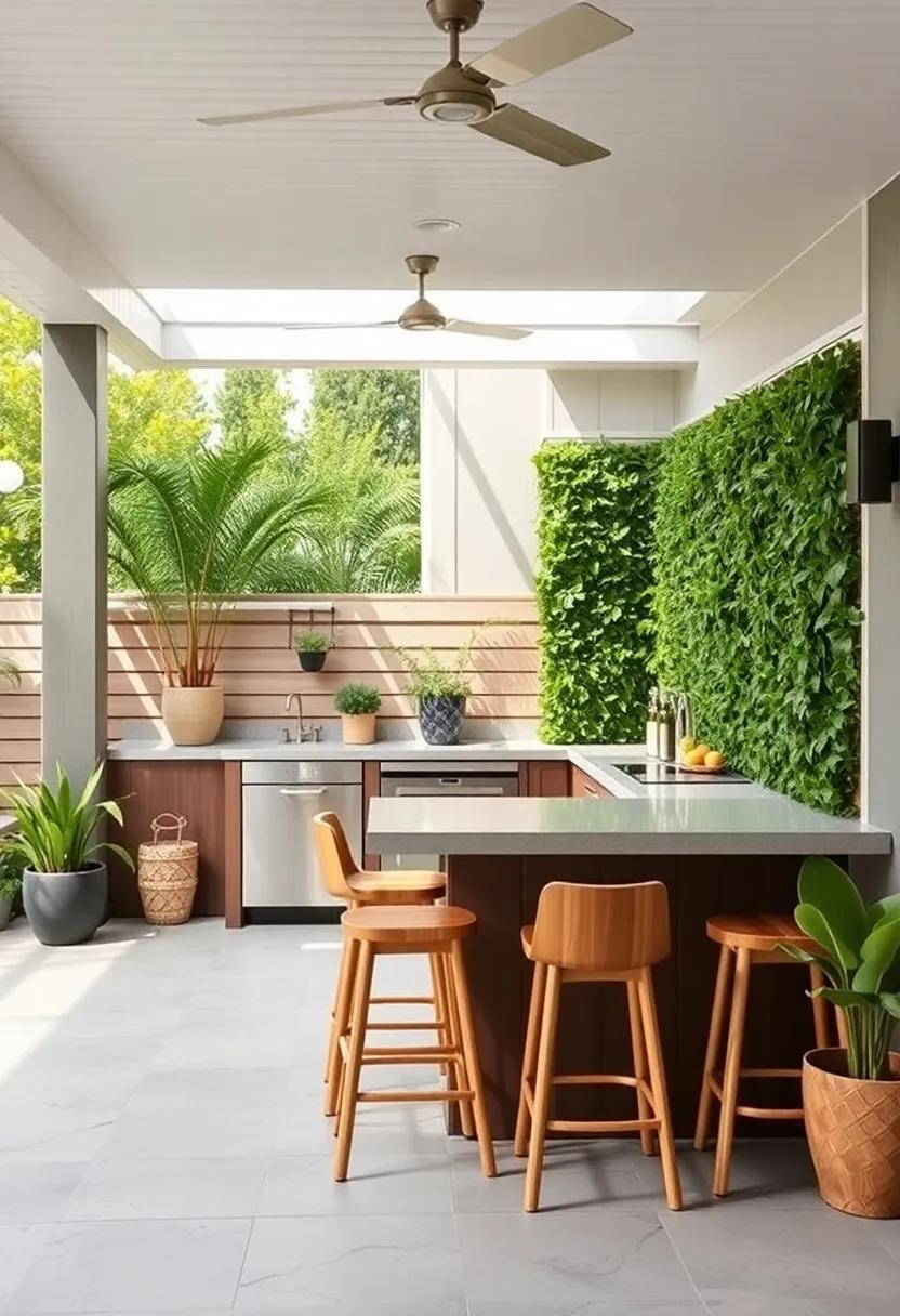 Nature-inspired: Bring the outdoors in with a living green ‌wall beside the bar space, using natural wood stools for an organic touch