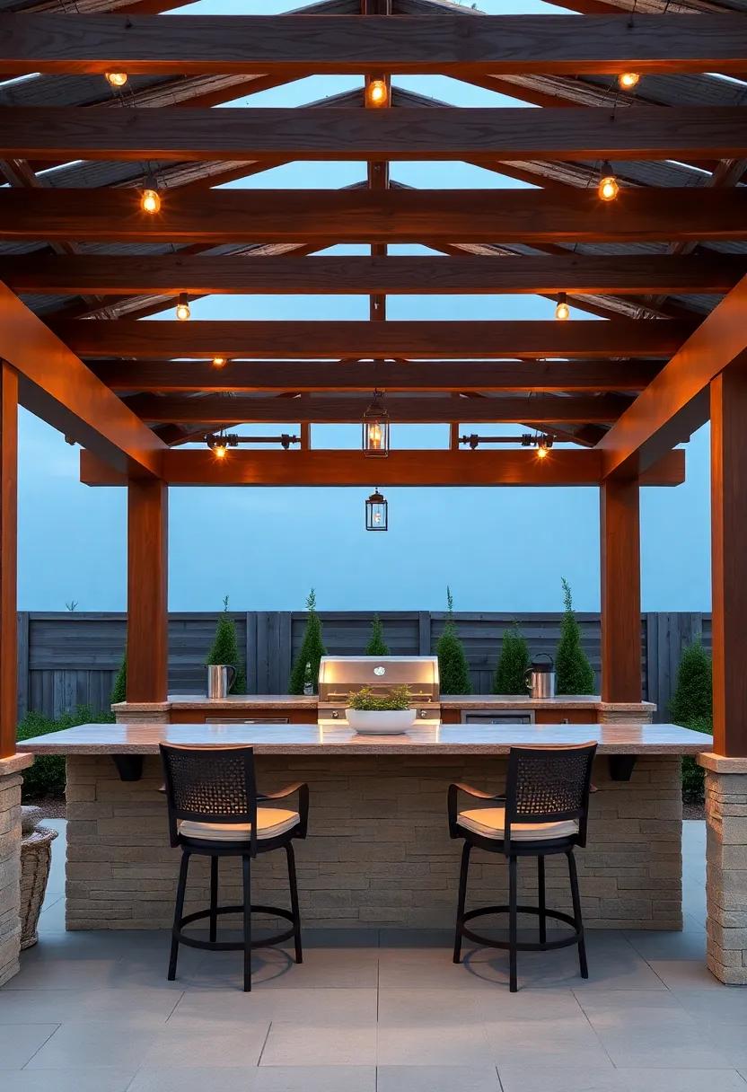 Pergola Paradise: Construct⁤ a shaded pergola ⁣over your outdoor kitchen’s‍ bar for comfort​ during hot days, adorned with hanging lights for ambiance
