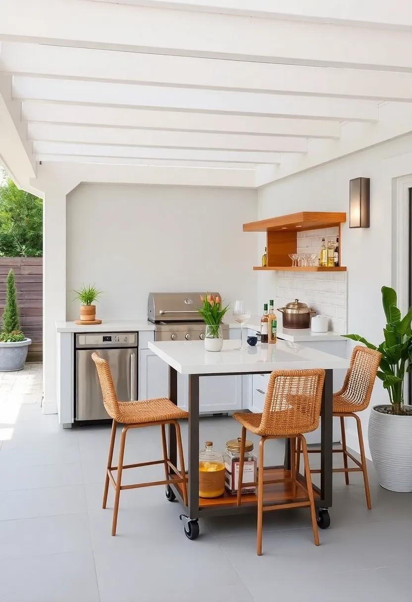 Portable Perfection: Use a mobile bar cart that offers flexibility for your outdoor cooking needs, easily moving to accommodate guests
