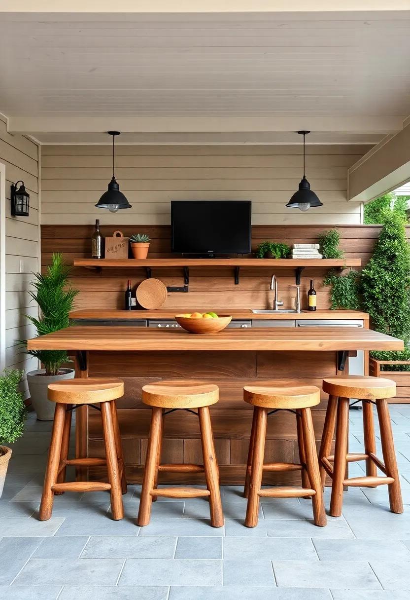 Rustic Charm:​ Embrace natural materials with a wooden bar top paired with log stools ​for a cozy, cabin-inspired outdoor kitchen