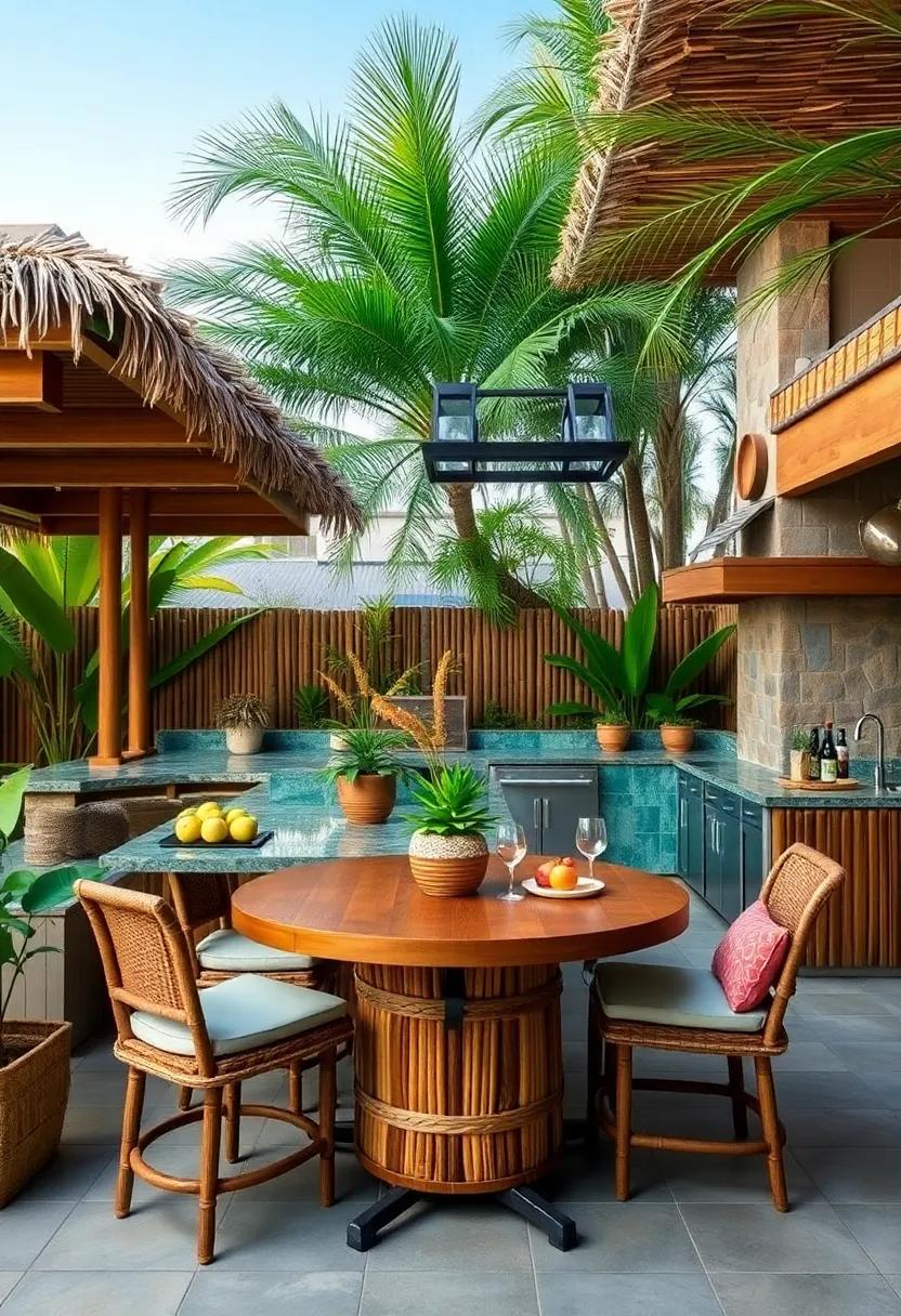 Tropical Paradise: Design a⁣ tiki-inspired outdoor kitchen with bamboo accents, thatch-covered bar seating, and vibrant tropical decor