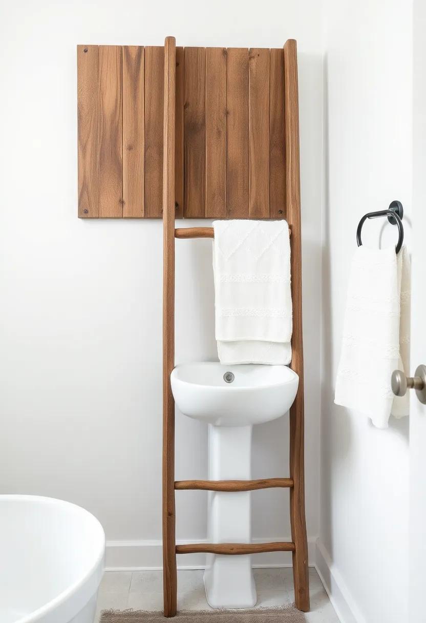 Add a vintage ladder for towel storage, lending an effortless rustic charm and a unique touch to your decor