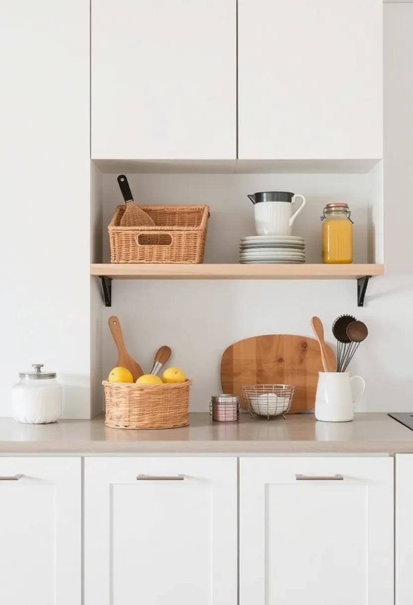 Utilize the space above cabinets: Add decorative bins or baskets​ on top of cabinets to store infrequently used items or​ bulky kitchen tools