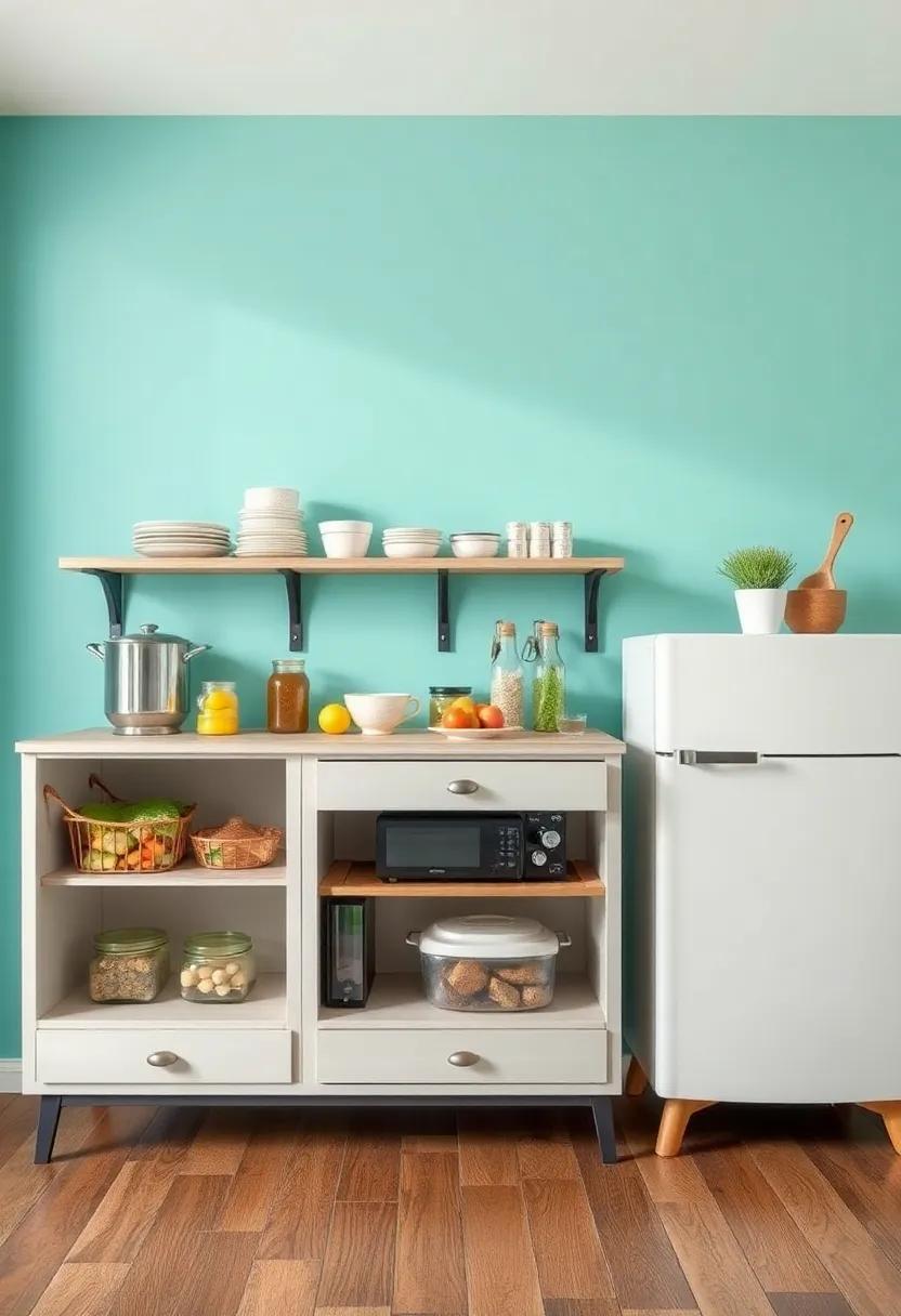 Repurpose old furniture: Transform an old bookshelf or dresser into unique kitchen storage for everything from appliances to pantry items, embracing creativity in your layout