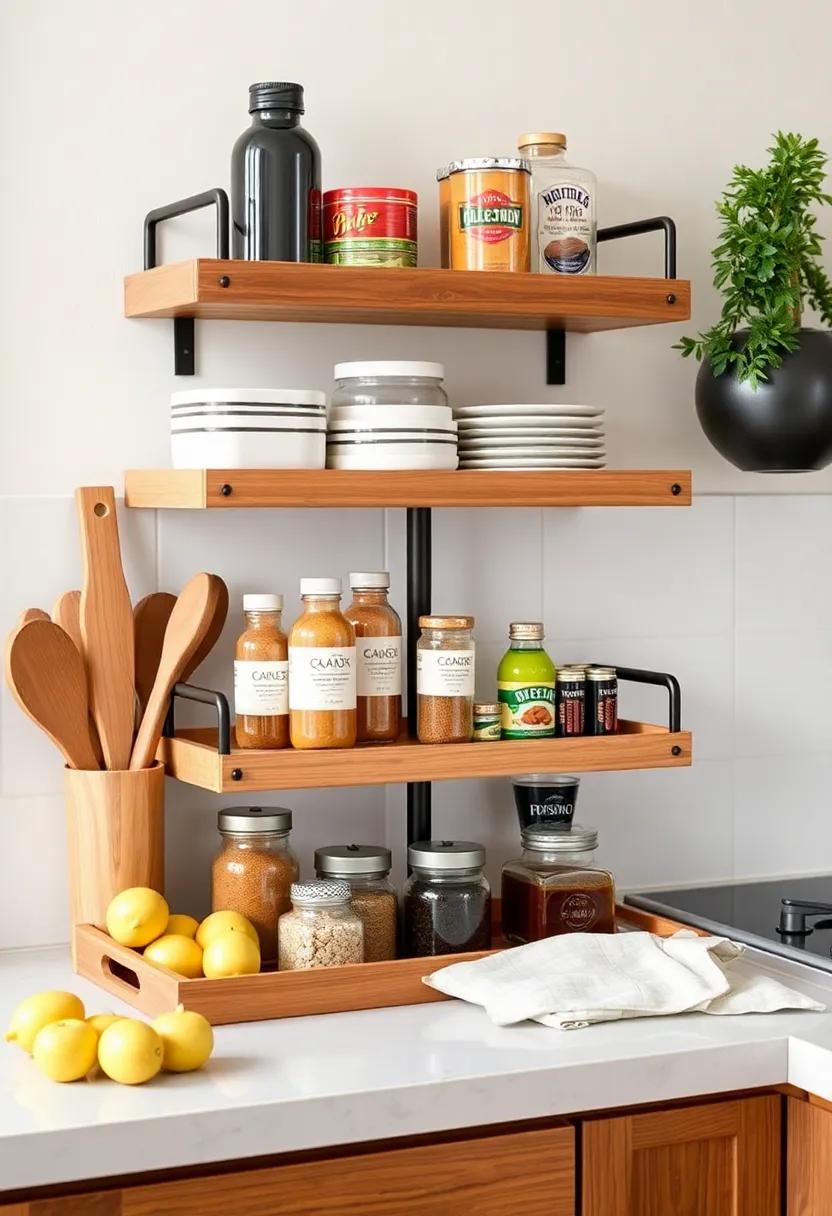 Utilize tiered trays: Organize your counters with tiered trays for items like oils, spices, or baking‌ supplies,⁢ adding height for​ a more organized look