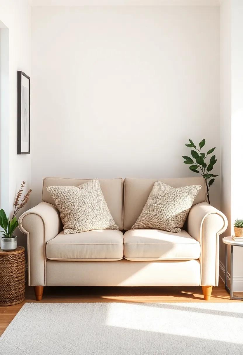 Cozy Corner Nooks: discover ⁤the ⁢charm of a soft beige loveseat in a corner, accented‍ by​ textured throw pillows for added coziness