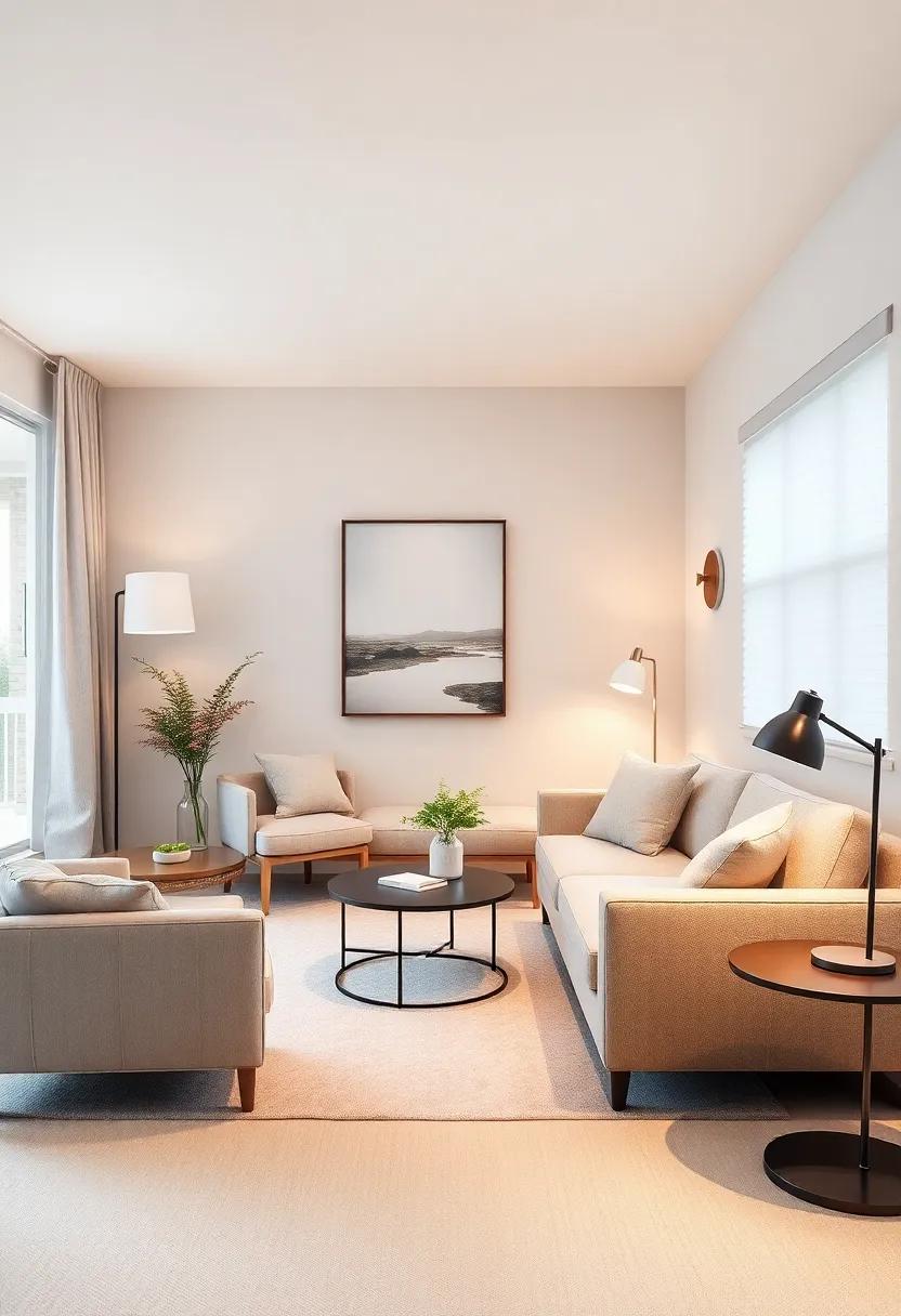 Layered Lighting: See how neutral upholstery works beautifully with layered lighting, from floor lamps to wall sconces, to‌ create a ‍welcoming ambiance