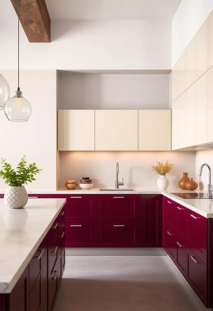 deep Burgundy and Light⁢ Cream: experience refined richness ​with deep burgundy⁣ lower cabinets ​set against light cream for a⁣ dramatic effect