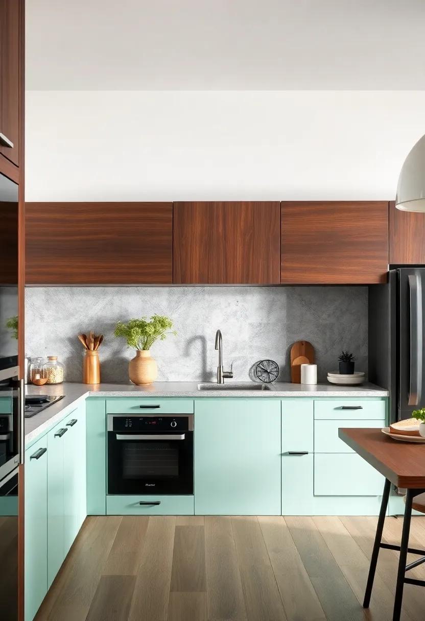 mint ‌Green and Dark Wood: Refresh your kitchen by opting for mint green cabinets below coupled ⁤with rich ‍dark wood above for a trendy yet timeless look