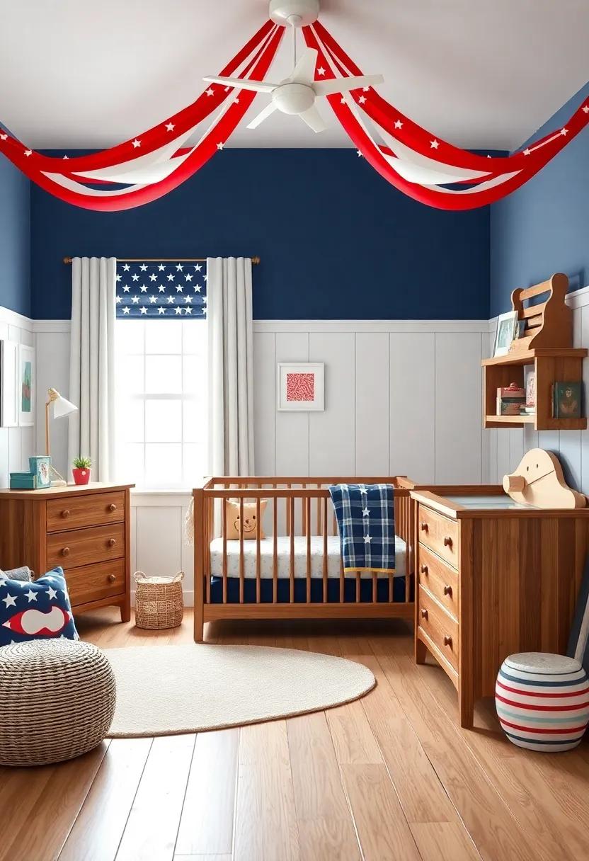 classic Americana: Celebrate‌ timeless charm with a red, white, and blue color scheme, wooden furniture, and star-spangled accents that reflect a sense of patriotism