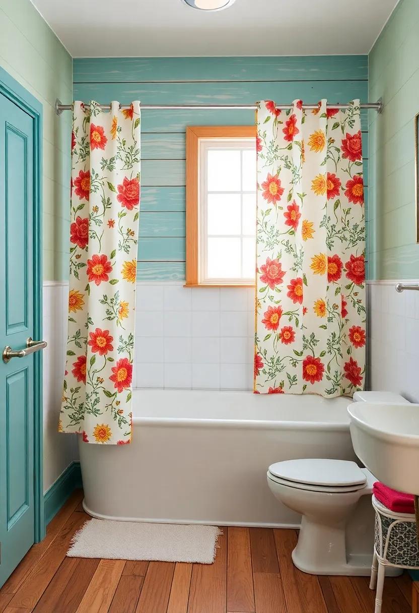 Whimsical​ shower curtains: ‍Use colorful, vintage-inspired fabric for shower curtains and coordinate the wood accents to tie the look ​together seamlessly
