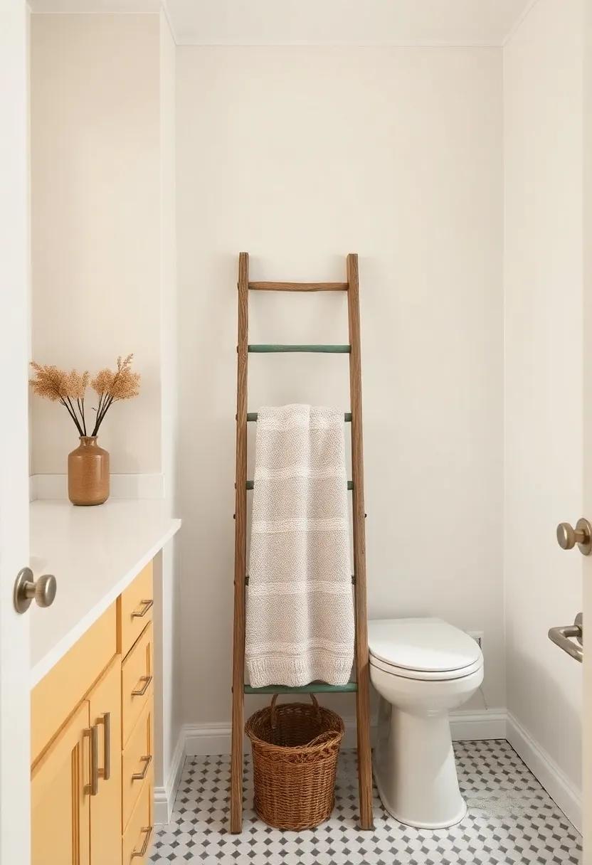 ladder towel rack: A rustic wooden ladder ‍painted in a cheerful hue can‍ serve ⁣as ⁢a stylish and⁣ functional towel rack that adds character