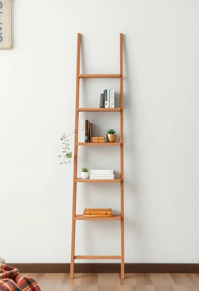 Ladder Shelf: Use a stylish ladder shelf​ to lean against the wall, offering a unique vertical space for your books, plants, or decorative boxes