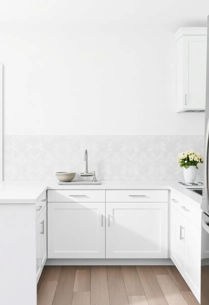 Subtle Patterns: Use wallpaper with soft patterns in gray tones on one accent wall for an understated elegance that complements white cabinetry