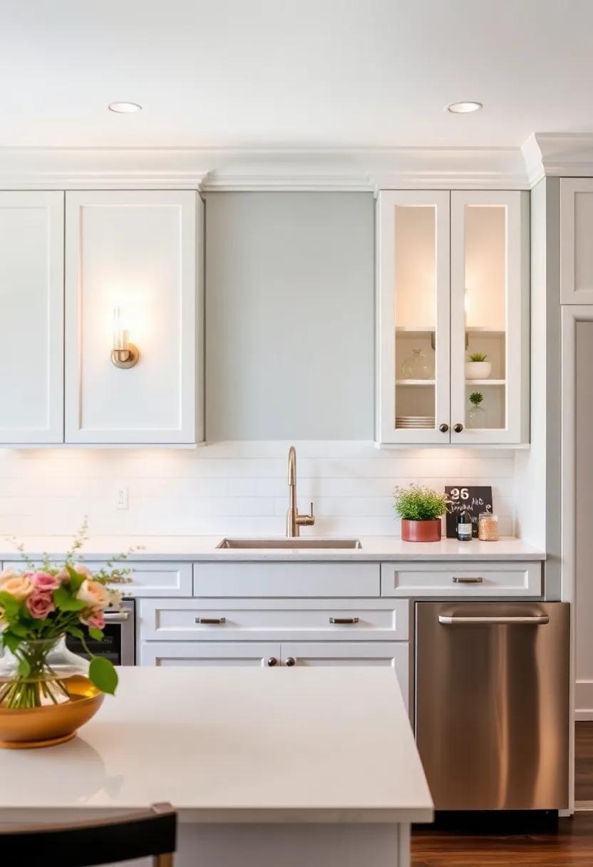 Sconces and Wall Lighting: Install wall sconces in soft, warm light ⁢to enhance the gray with layers of illumination while framing the white cabinets effectively