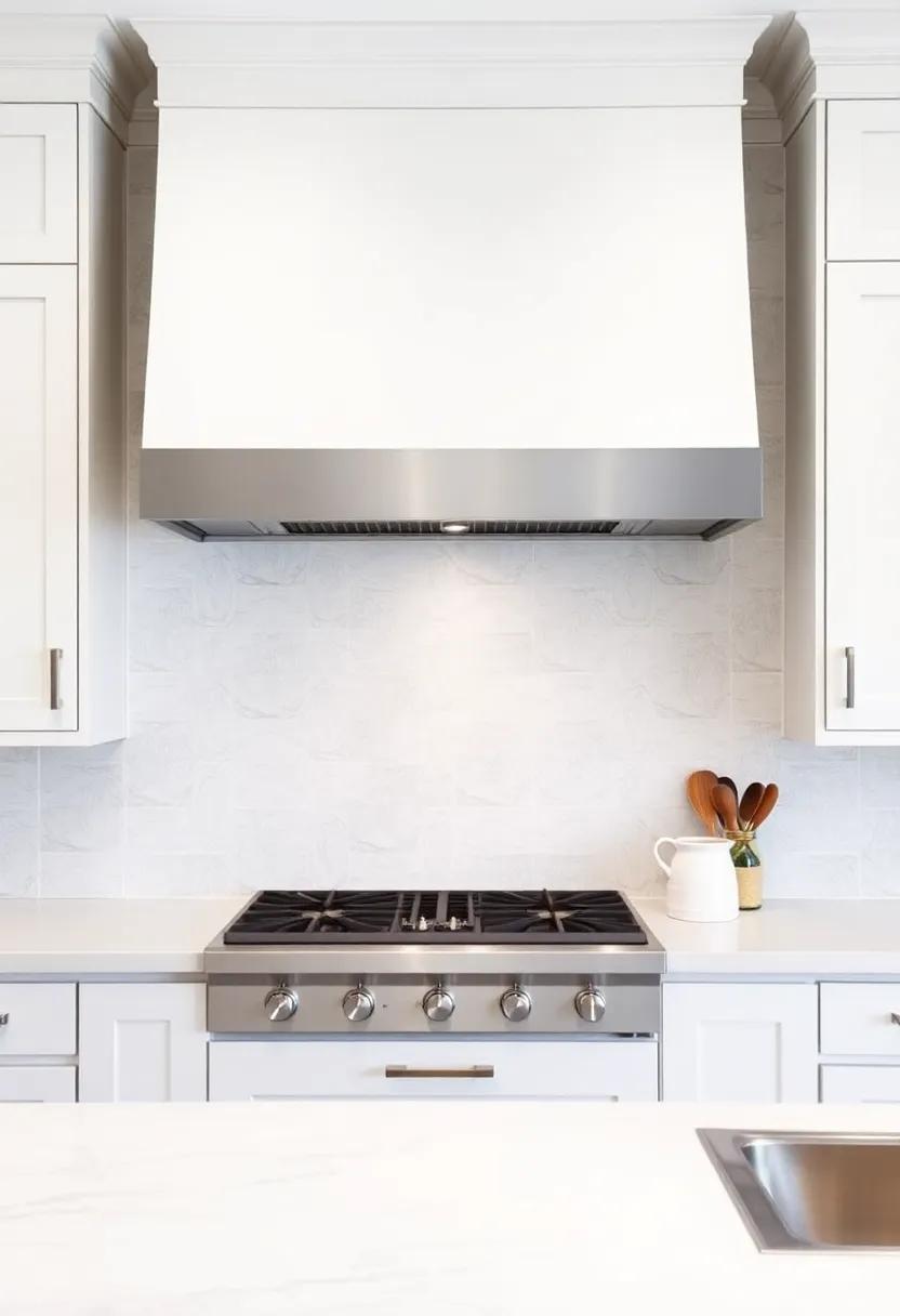 Statement Range Hood: Install a unique range hood in a metallic or bold color to become the centerpiece, enhancing the ​white cabinets and gray walls dramatically