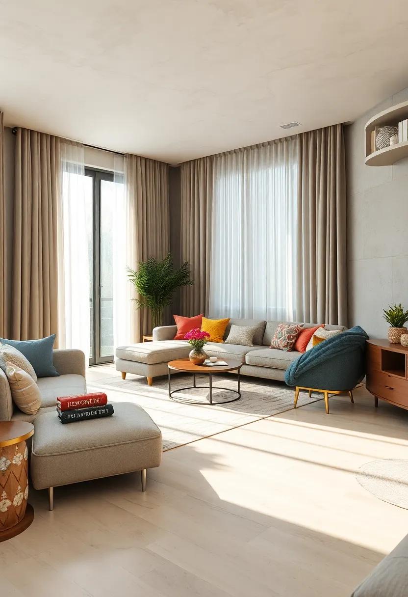 Soft draperies: Hang lightweight curtains that filter light elegantly while adding a soft touch to your windows