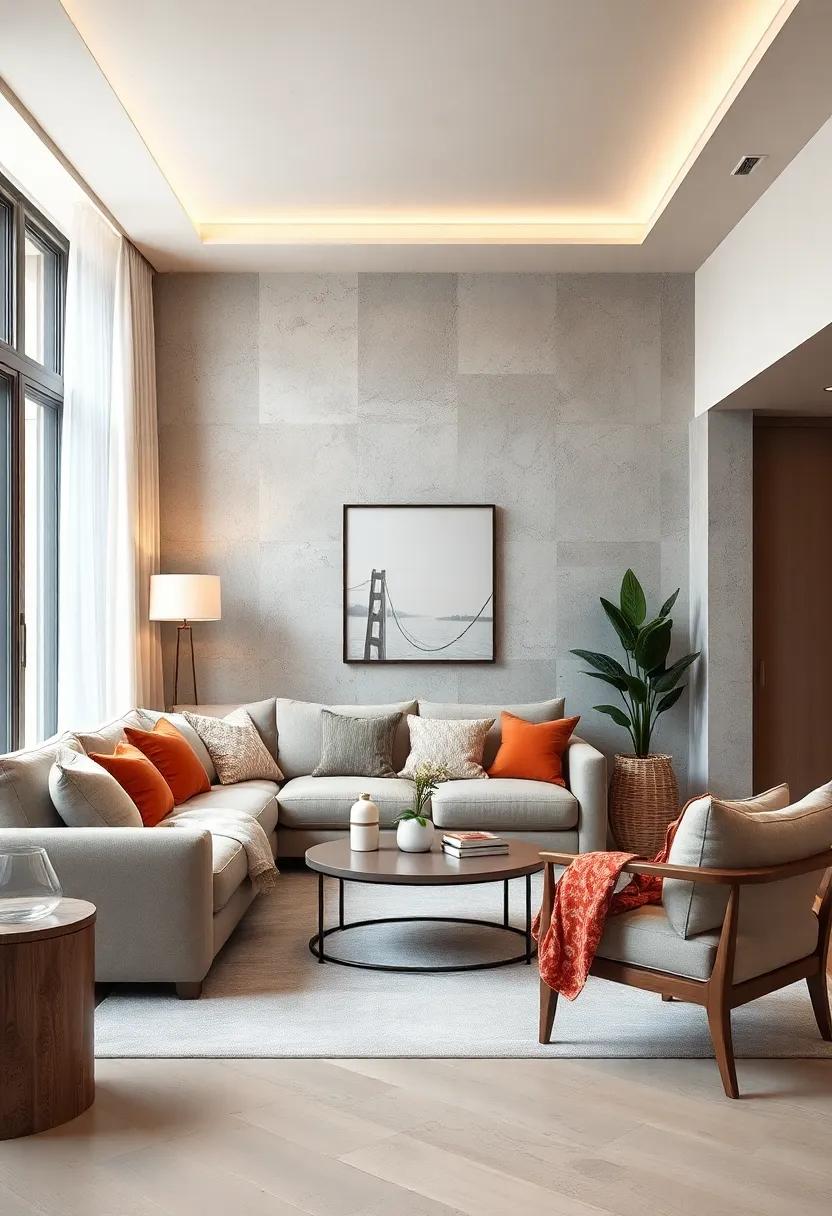 Soft-toned color palette: Choose a calming, neutral color palette with soft textile accents to create a serene and cozy living room environment