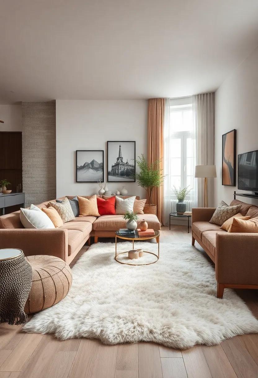 Sheepskin rugs: Place authentic or faux sheepskin rugs in your living room for a luxurious, soft texture beneath your feet