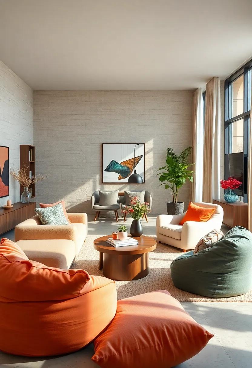 Cushy seating: Invest in oversized, upholstered chairs or bean bags that invite relaxation and make a statement