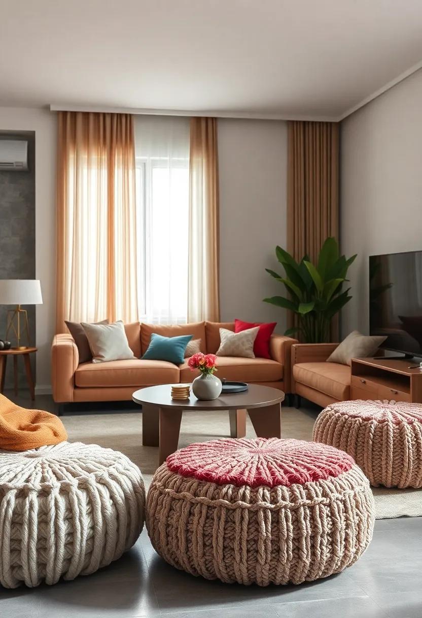 Knitted poufs: Introduce these versatile soft accents for extra seating or as a footrest that enhances your living room's comfort