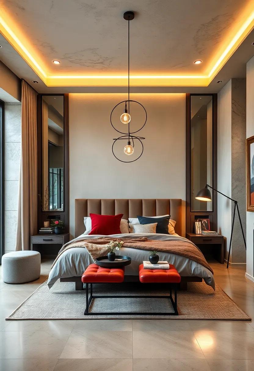 Statement ​Lighting: Elevate your bedroom with striking pendant lights or unique floor lamps that serve as artistic focal points