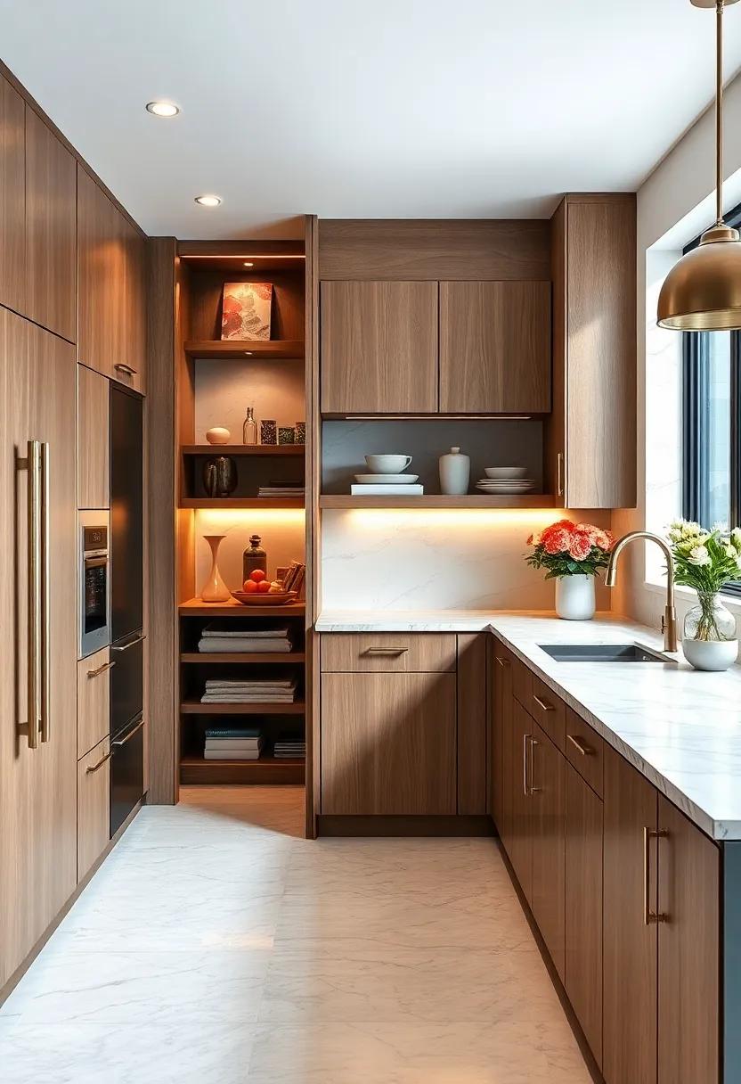 Design a hidden pantry with marble accents that blends⁣ in seamlessly with the rest ‌of your cabinetry