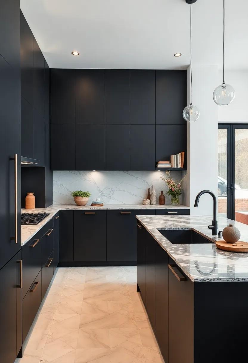 Pair matte black cabinetry with polished marble to create a striking contrast that exudes sophistication