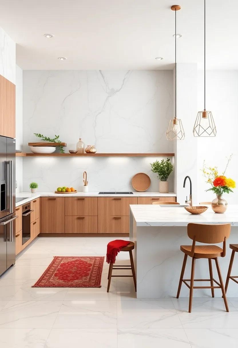 Set a minimalist tone by using white and gray marble, which can definitely help your kitchen feel​ spacious and serene