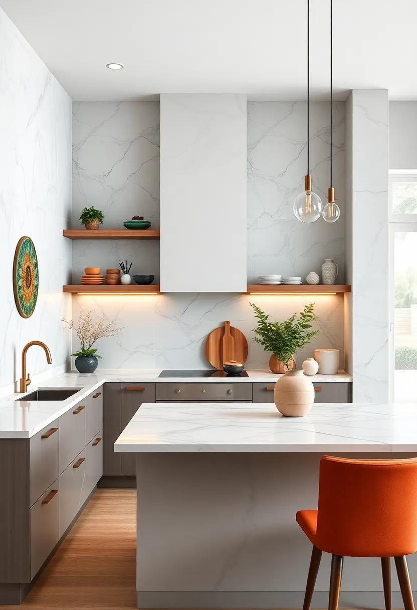 Showcase your marble countertops with open shelving, making your ​kitchen feel airy and inviting