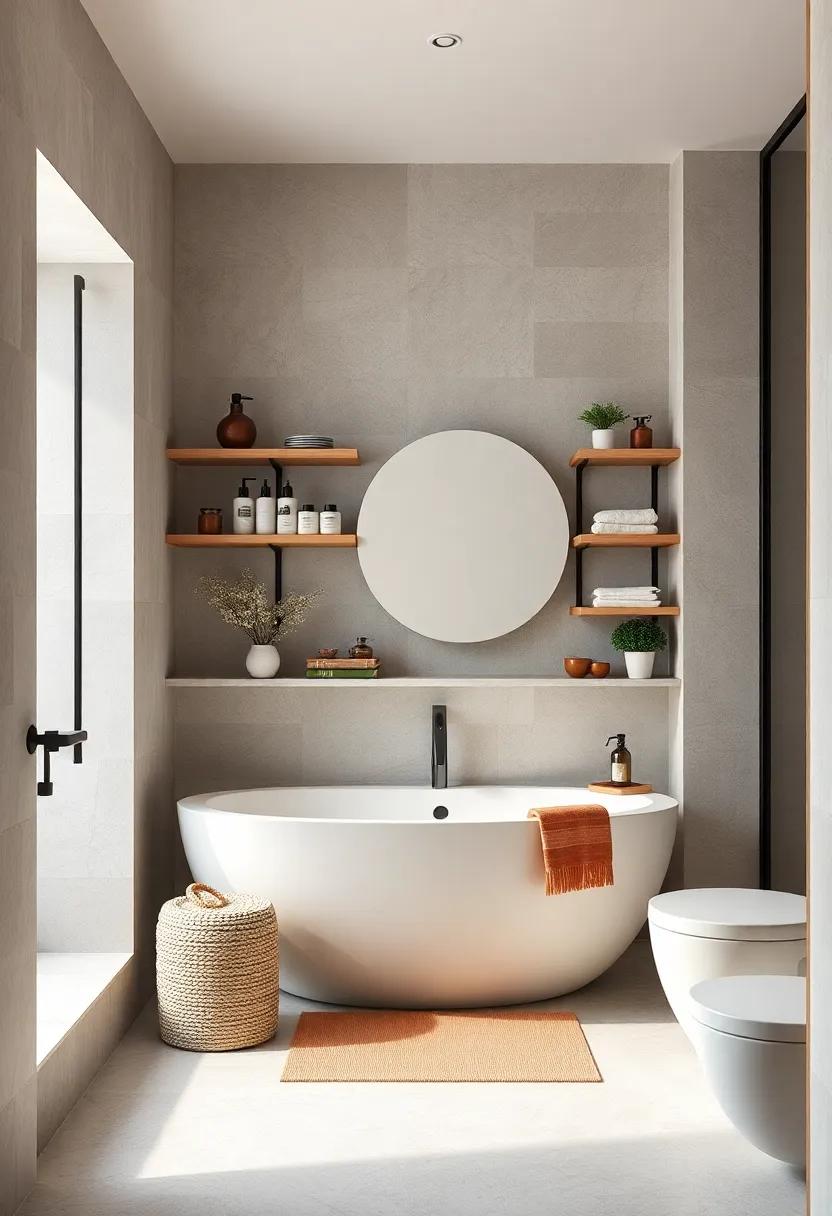 Open Shelving: Use open shelving to display neatly arranged toiletries and decorative items, emphasizing simplicity over clutter