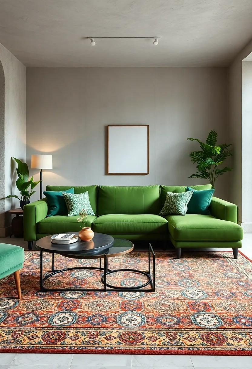 25 Stylish Ways to Transform Your Living Room with a Green Couch and Patterned Rug
