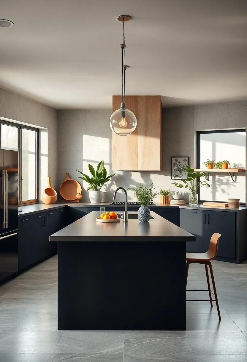 Biophilic Design: A black island paired with natural⁣ wood accents and indoor plants, creating a harmonious connection between the kitchen and nature