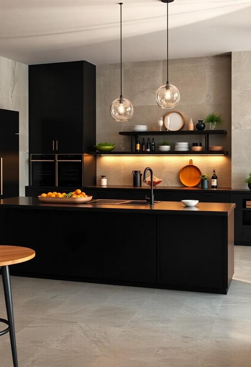 Clean Lines: A ⁤streamlined​ black island⁢ with integrated appliances for a seamless and functional cooking space, ideal for modern chefs