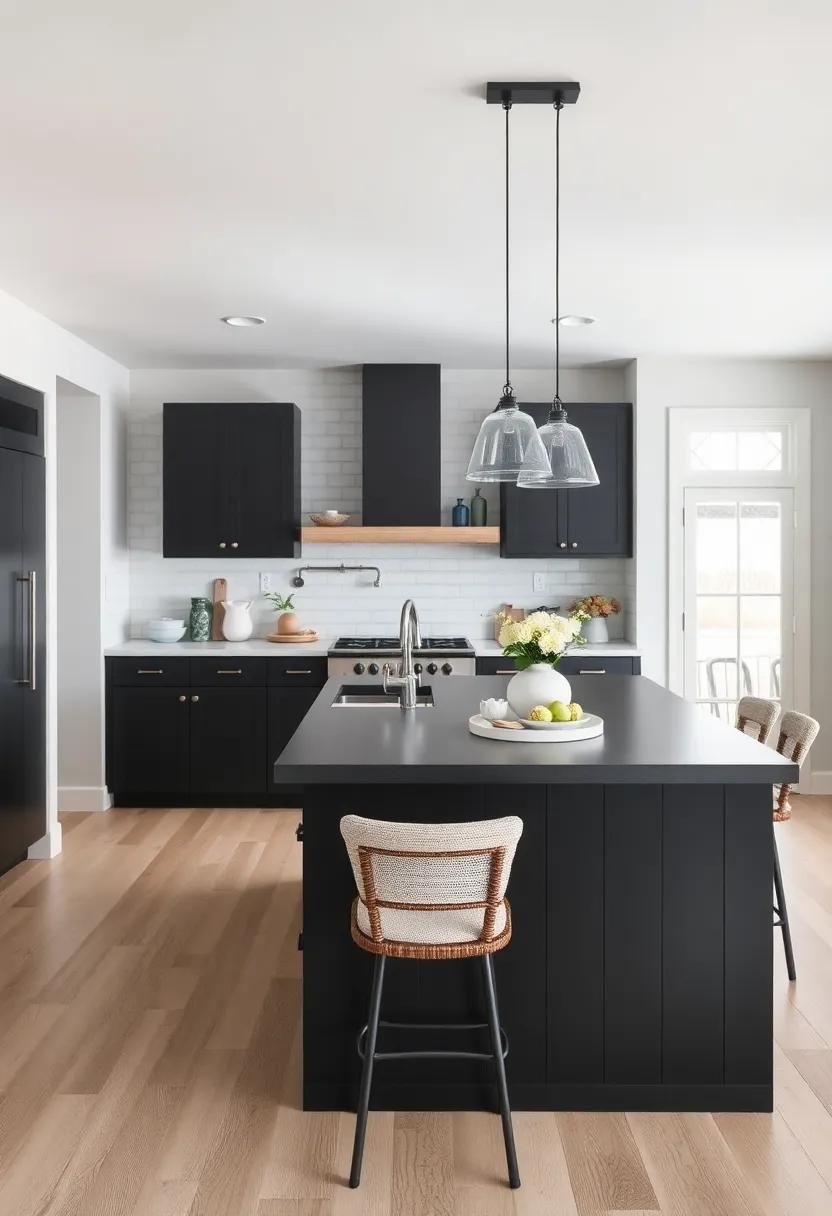 Coastal vibes: A black kitchen island with ⁤soft blue accents and light-colored⁢ wood, seamlessly blending modern and rustic elements for⁣ a breezy feel