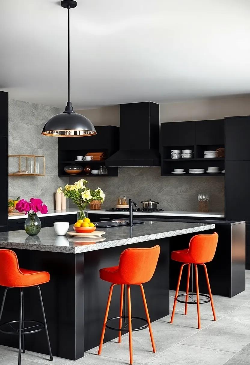 Color Pop: ⁢A black island accentuated by vibrant bar stools or decorative ‍accessories, adding personality to an otherwise muted kitchen palette