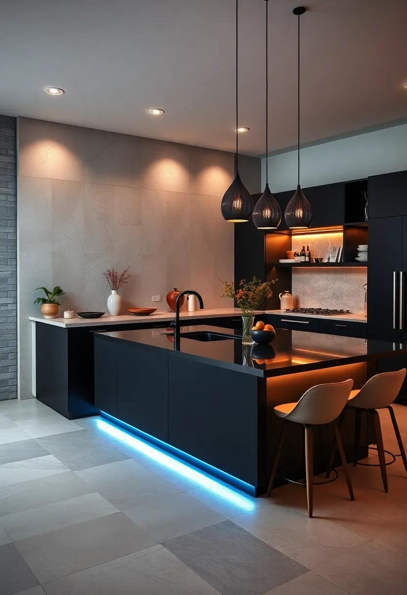 Elegant Backlighting: A black island with LED ⁢backlighting that highlights its features ⁣and ‌transforms‍ the kitchen ambiance after dark